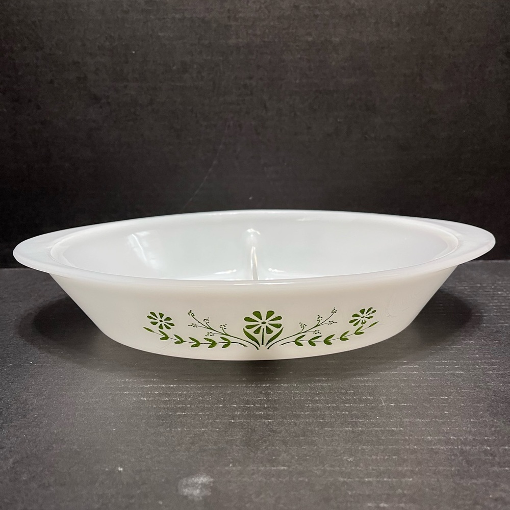 Glassbake  divided dish vintage green floral design no chips casserole baking